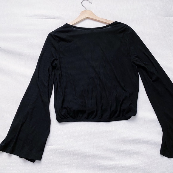 BP Black Ribbed Flared Parted Sleeve Surplice Top - Picture 10 of 12